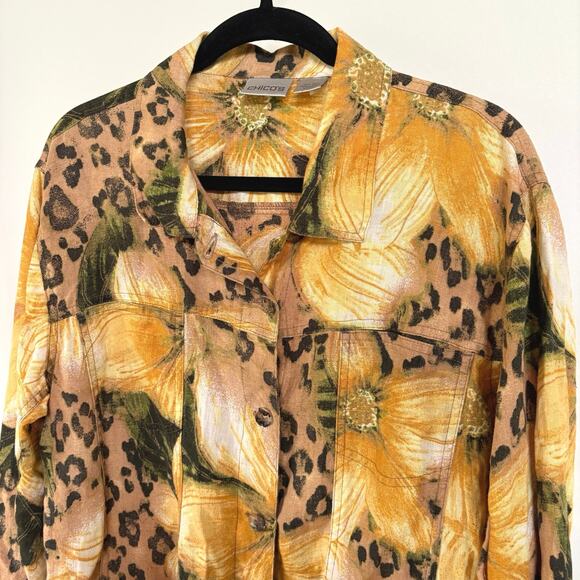 Chico's Linen Yellow Animal Print Floral Lightweight Jacket Maximalist XL - Picture 2 of 8